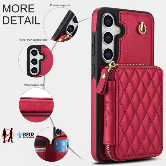 For Samsung Galaxy S24+ / S25+ 5G AwQuer Crossbody Zipper Wallet Rhombic Leather Back Phone Case(Red)
