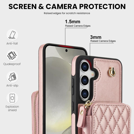 For Samsung Galaxy S24+ / S25+ 5G AwQuer Crossbody Zipper Wallet Rhombic Leather Back Phone Case(Rose Gold)