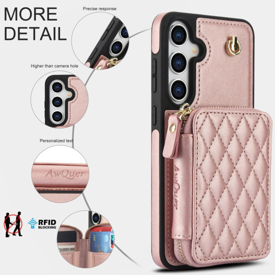 For Samsung Galaxy S24+ / S25+ 5G AwQuer Crossbody Zipper Wallet Rhombic Leather Back Phone Case(Rose Gold)