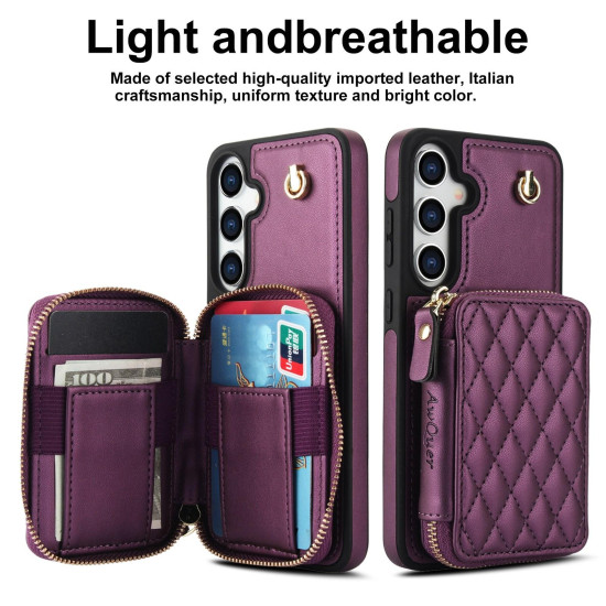 For Samsung Galaxy S24+ / S25+ 5G AwQuer Crossbody Zipper Wallet Rhombic Leather Back Phone Case(Dark Purple)