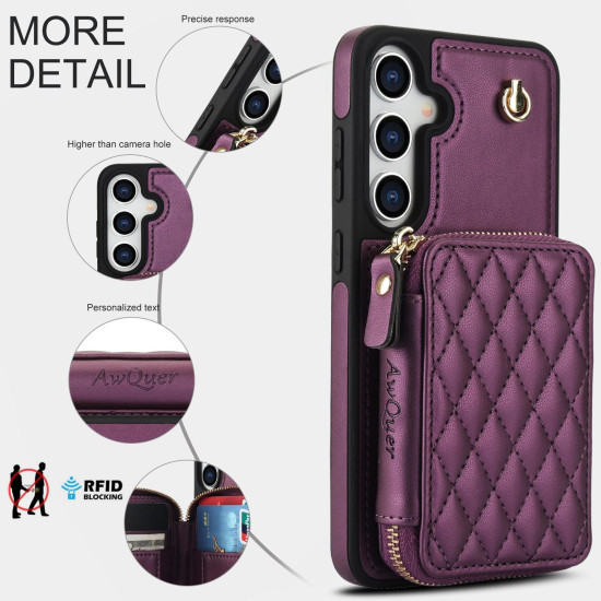 For Samsung Galaxy S24+ / S25+ 5G AwQuer Crossbody Zipper Wallet Rhombic Leather Back Phone Case(Dark Purple)