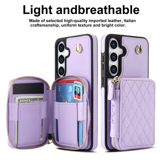 For Samsung Galaxy S24+ / S25+ 5G AwQuer Crossbody Zipper Wallet Rhombic Leather Back Phone Case(Purple)