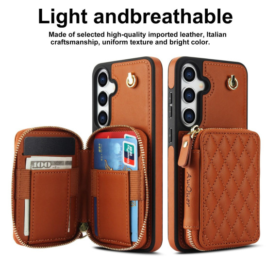 For Samsung Galaxy S24+ / S25+ 5G AwQuer Crossbody Zipper Wallet Rhombic Leather Back Phone Case(Brown)