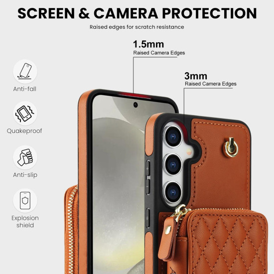For Samsung Galaxy S24+ / S25+ 5G AwQuer Crossbody Zipper Wallet Rhombic Leather Back Phone Case(Brown)