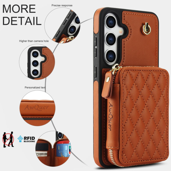 For Samsung Galaxy S24+ / S25+ 5G AwQuer Crossbody Zipper Wallet Rhombic Leather Back Phone Case(Brown)