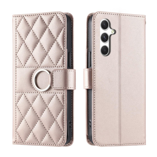 For Samsung Galaxy A35 5G Ring Buckle Rhombic Leather Phone Case(Rose Gold)