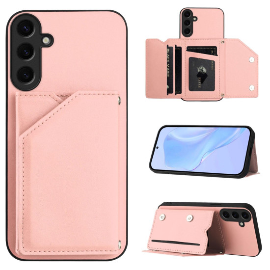 For Samsung Galaxy S24+ 5G Skin Feel Four Card Slots Phone Case with Wrist Strap(Pink)