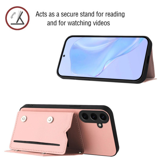 For Samsung Galaxy S24+ 5G Skin Feel Four Card Slots Phone Case with Wrist Strap(Pink)