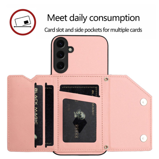 For Samsung Galaxy S24+ 5G Skin Feel Four Card Slots Phone Case with Wrist Strap(Pink)