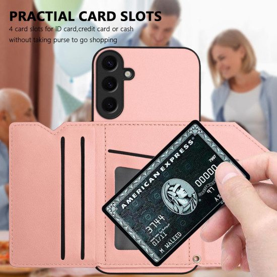 For Samsung Galaxy S24+ 5G Skin Feel Four Card Slots Phone Case with Wrist Strap(Pink)