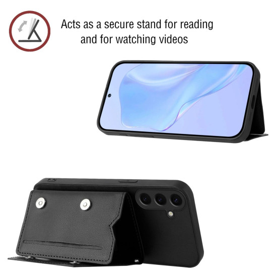 For Samsung Galaxy S24+ 5G Skin Feel Four Card Slots Phone Case with Wrist Strap(Black)