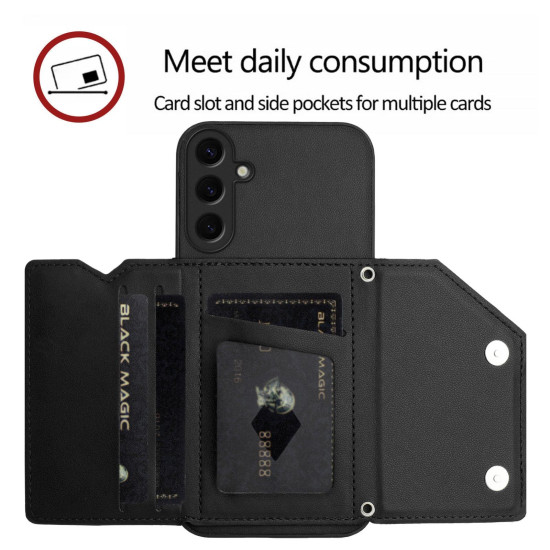 For Samsung Galaxy S24+ 5G Skin Feel Four Card Slots Phone Case with Wrist Strap(Black)