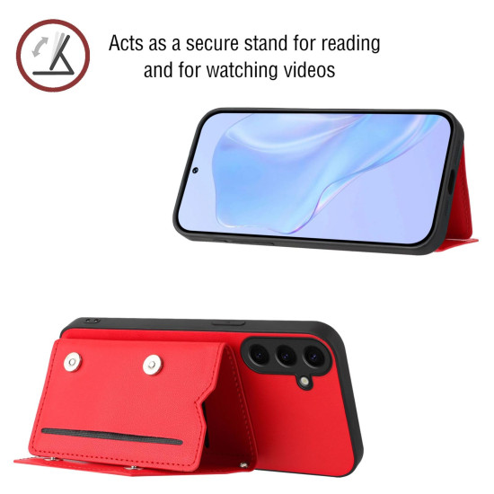 For Samsung Galaxy S24+ 5G Skin Feel Four Card Slots Phone Case with Wrist Strap(Red)