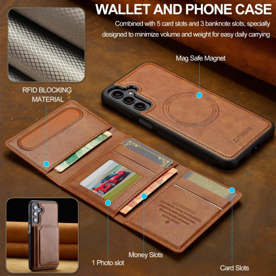 For Samsung Galaxy S24+ 5G LC.IMEEKE L5 Series Detachable RFID Card Bag Magsafe Phone Case(Brown)