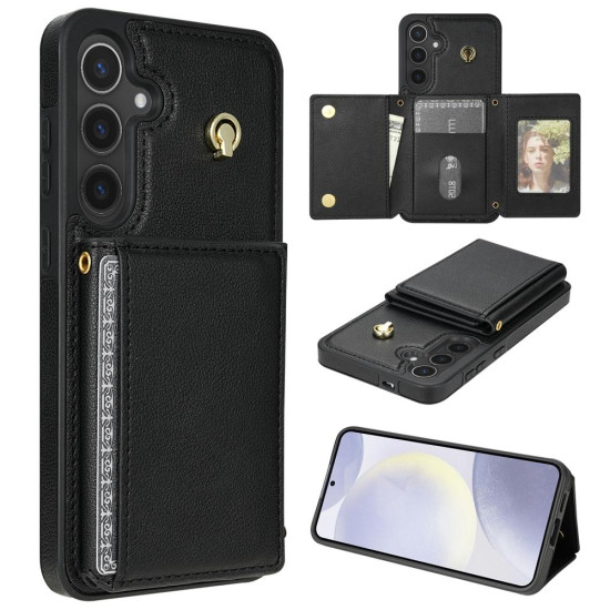For Samsung Galaxy S24+ 5G Three Fold Card Bag Phone Case with Long Lanyard(Black)
