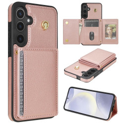 For Samsung Galaxy S24+ 5G Three Fold Card Bag Phone Case with Long Lanyard(Rose Gold)