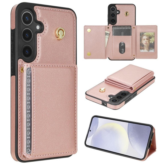 For Samsung Galaxy S24+ 5G Three Fold Card Bag Phone Case with Long Lanyard(Rose Gold)