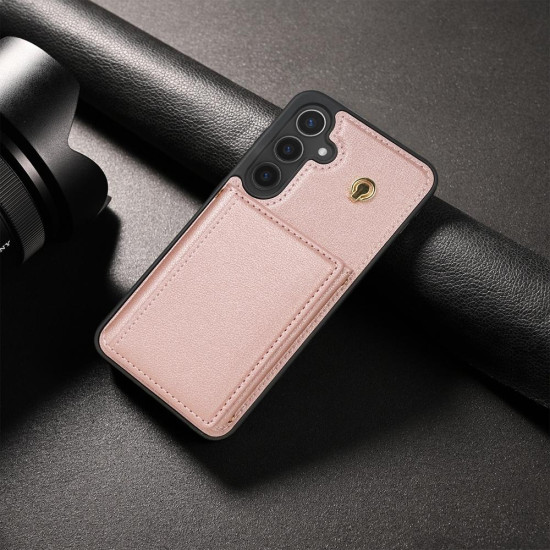 For Samsung Galaxy S24+ 5G Three Fold Card Bag Phone Case with Long Lanyard(Rose Gold)