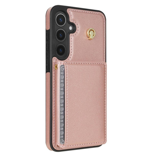 For Samsung Galaxy S24+ 5G Three Fold Card Bag Phone Case with Long Lanyard(Rose Gold)