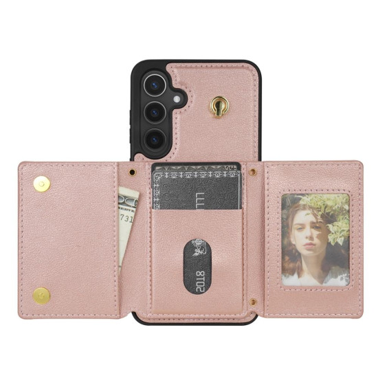 For Samsung Galaxy S24+ 5G Three Fold Card Bag Phone Case with Long Lanyard(Rose Gold)