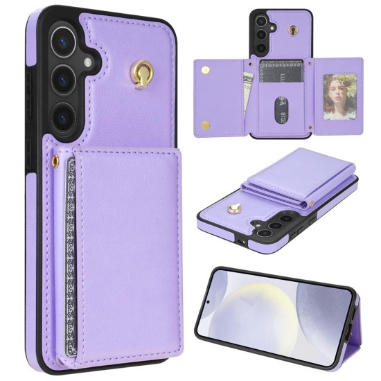 For Samsung Galaxy S24+ 5G Three Fold Card Bag Phone Case with Long Lanyard(Purple)