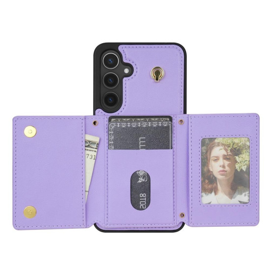 For Samsung Galaxy S24+ 5G Three Fold Card Bag Phone Case with Long Lanyard(Purple)