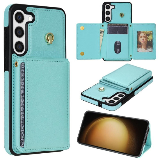 For Samsung Galaxy S23+ 5G Three Fold Card Bag Phone Case with Long Lanyard(Mint)