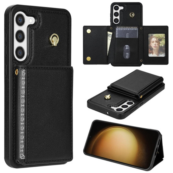 For Samsung Galaxy S23+ 5G Three Fold Card Bag Phone Case with Long Lanyard(Black)
