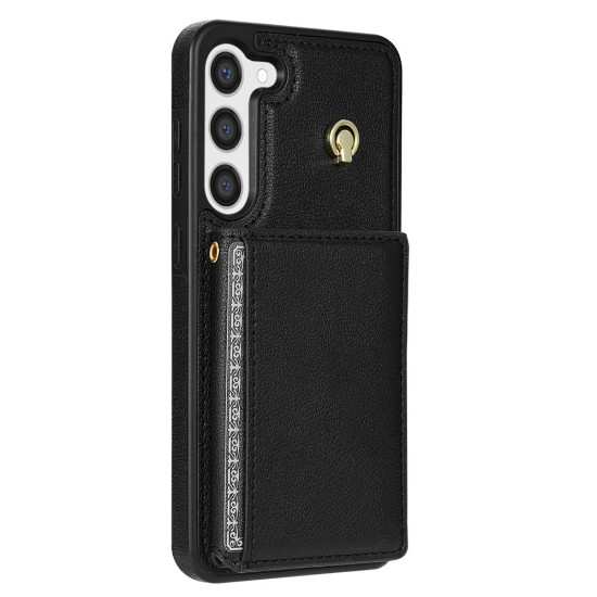 For Samsung Galaxy S23+ 5G Three Fold Card Bag Phone Case with Long Lanyard(Black)