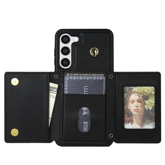 For Samsung Galaxy S23+ 5G Three Fold Card Bag Phone Case with Long Lanyard(Black)