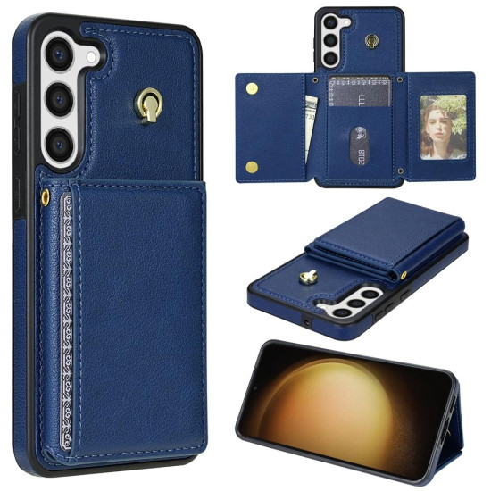 For Samsung Galaxy S23+ 5G Three Fold Card Bag Phone Case with Long Lanyard(Blue)