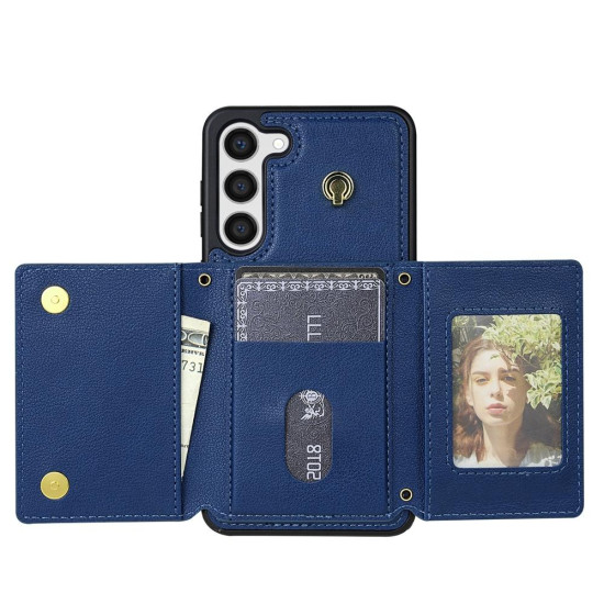 For Samsung Galaxy S23+ 5G Three Fold Card Bag Phone Case with Long Lanyard(Blue)