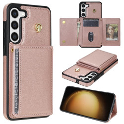 For Samsung Galaxy S23+ 5G Three Fold Card Bag Phone Case with Long Lanyard(Rose Gold)