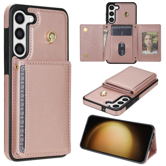 For Samsung Galaxy S23+ 5G Three Fold Card Bag Phone Case with Long Lanyard(Rose Gold)