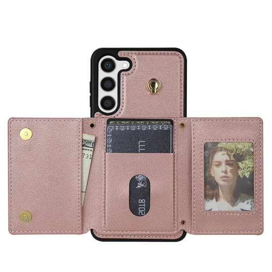 For Samsung Galaxy S23+ 5G Three Fold Card Bag Phone Case with Long Lanyard(Rose Gold)