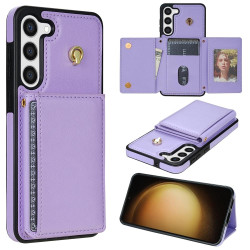 For Samsung Galaxy S23+ 5G Three Fold Card Bag Phone Case with Long Lanyard(Purple)
