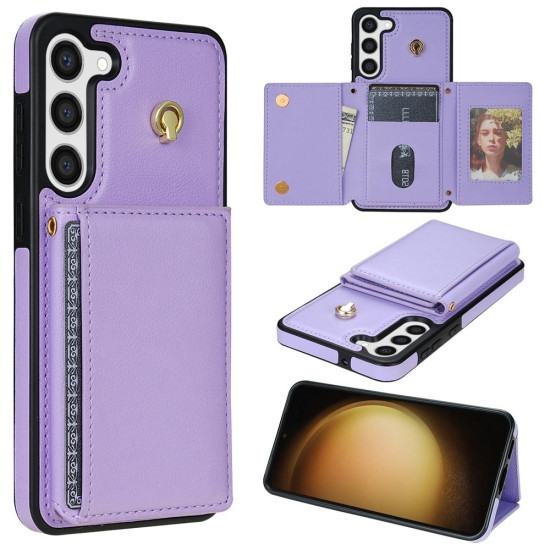 For Samsung Galaxy S23+ 5G Three Fold Card Bag Phone Case with Long Lanyard(Purple)