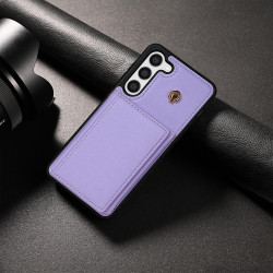 For Samsung Galaxy S23+ 5G Three Fold Card Bag Phone Case with Long Lanyard(Purple)