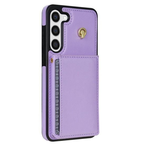 For Samsung Galaxy S23+ 5G Three Fold Card Bag Phone Case with Long Lanyard(Purple)
