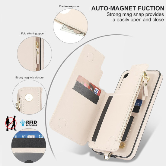 For Samsung Galaxy S24+ 5G Double Flap Zipper RFID Leather Phone Case with Short Lanyard(White)