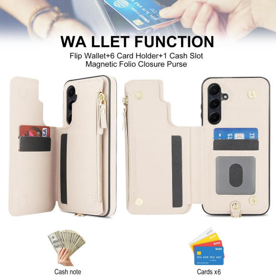 For Samsung Galaxy S24+ 5G Double Flap Zipper RFID Leather Phone Case with Short Lanyard(White)
