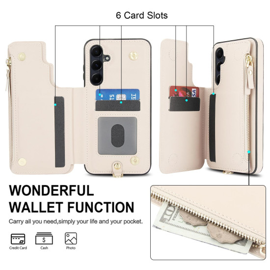 For Samsung Galaxy S24+ 5G Double Flap Zipper RFID Leather Phone Case with Short Lanyard(White)