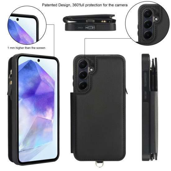 For Samsung Galaxy S24+ 5G Double Flap Zipper RFID Leather Phone Case with Short Lanyard(Black)