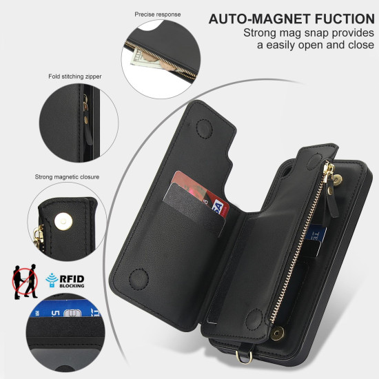 For Samsung Galaxy S24+ 5G Double Flap Zipper RFID Leather Phone Case with Short Lanyard(Black)