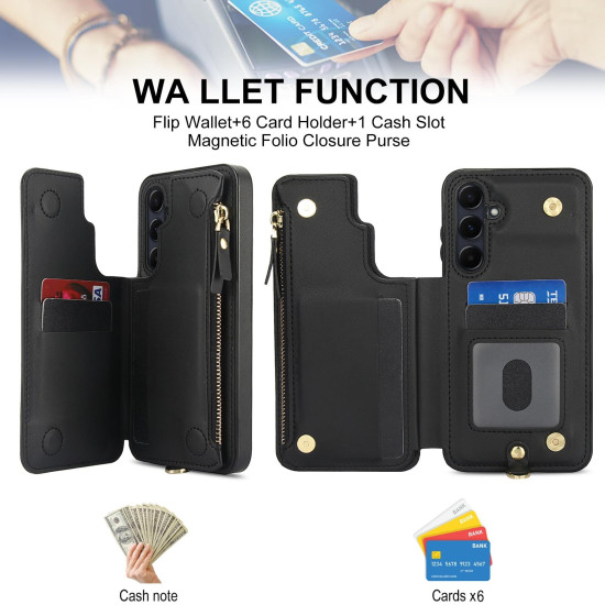 For Samsung Galaxy S24+ 5G Double Flap Zipper RFID Leather Phone Case with Short Lanyard(Black)