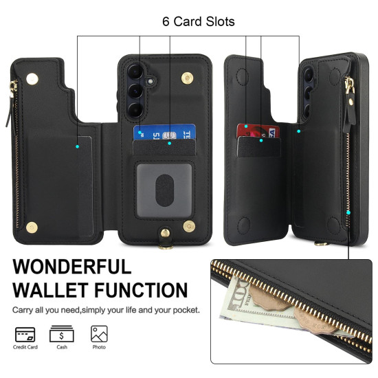 For Samsung Galaxy S24+ 5G Double Flap Zipper RFID Leather Phone Case with Short Lanyard(Black)