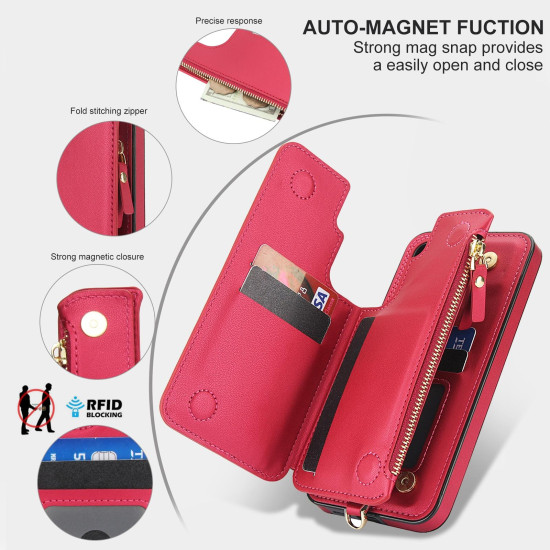 For Samsung Galaxy S24+ 5G Double Flap Zipper RFID Leather Phone Case with Short Lanyard(Red)