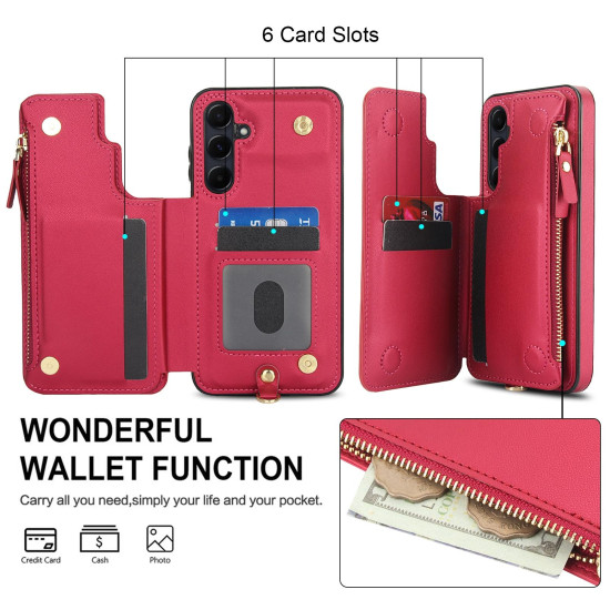 For Samsung Galaxy S24+ 5G Double Flap Zipper RFID Leather Phone Case with Short Lanyard(Red)