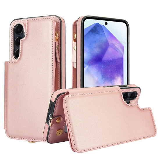 For Samsung Galaxy S24+ 5G Double Flap Zipper RFID Leather Phone Case with Short Lanyard(Rose Gold)