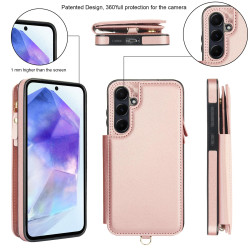 For Samsung Galaxy S24+ 5G Double Flap Zipper RFID Leather Phone Case with Short Lanyard(Rose Gold)